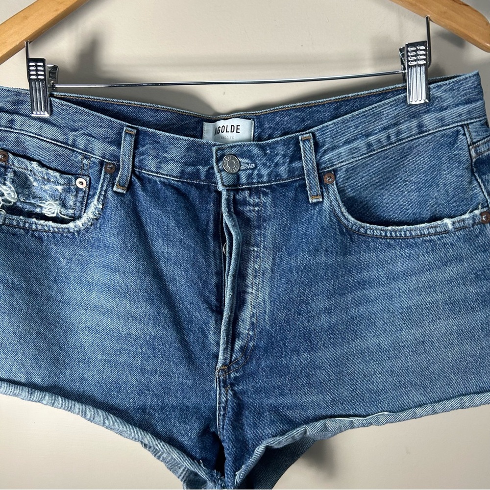 Agolde Blue Distressed Denim Jean Shorts - Picture 3 of 13